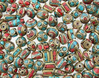 Coral, Turquoise and Brass Handmade Tibetan Bead Mix - Qty 10 (G433) SE