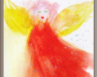 Winged, angel, golden wings. watercolor on paper, original art