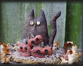 Primitive Halloween, Black Cat and Pumpkins Doll E-PATTERN, Halloween Pattern, Fall Decor