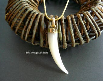 Horn Pendant Mother of Pearl Gold Plated Snake Chain Necklace Jewelry By SylCameoJewelsStore