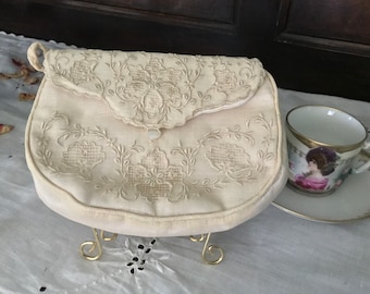 French Antique Cutwork Embroidered Linen Bridal Clutch Purse, Complete with Matching Linen Hankie and Bakelite Comb, c. 1900