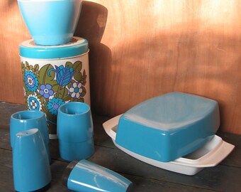 Aqua Blue Melmex Butter Dish, Salt and Pepper Shakers, Egg Cups & Bowl