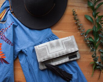 Foldover Clutch in Pendleton Wool, Neutral Clutch, Tribal Clutch, Bohemian clutch, Boho clutch, Mercy Grey Design Bag, Fold over clutch