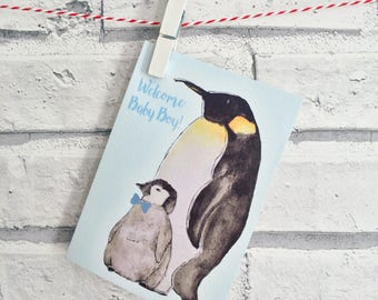 Welcome Baby Boy Penguin Card - New Baby Boy - A6 with Kraft Envelope - Blank Inside - Baby Shower