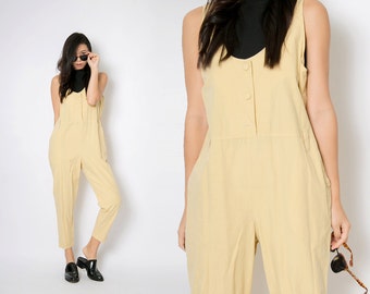 Vintage Jumpsuits / 1970s Vintage Pastel Yellow Jumpsuits / Retro Overalls Baggy jumpsuits Pants / Vintage Onesie Jumpsuits / L