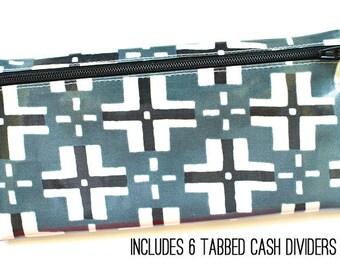 Envelope system cash budget wallet with 6 tabbed dividers | blue-gray, black, off-white laminated cotton