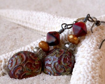Glass Beaded Earrings - Boho Earrings- Gift for Her - Dangle Earrings - Drop Earrings - Bead Earrings - Rustic Red Earrings