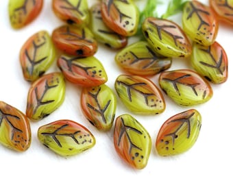 12x7mm Autumn Leaf beads Yellow Orange leaf Black Inlays Czech glass pressed leaves - 25Pc - 0424