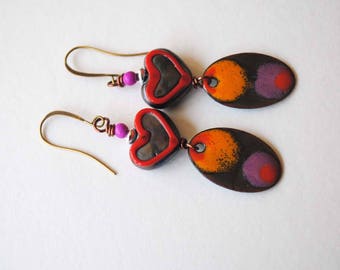 Heart Earrings, Colorful Earrings, Lampwork Glass Bead Earrings, Artisan Enamel Jewelry, Red Purple Earrings, Sweetheart Earrings, Unique