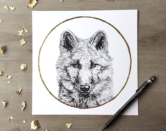 Wolf January wolf moon - Print of an Original Graphite Drawing with Gold Leaf - Animal Portrait Wolf Print