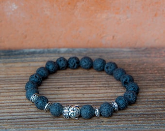 Buddha and Black Lava Beaded Bracelet