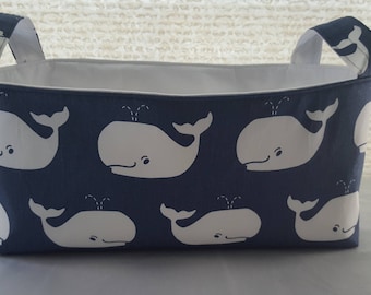 Long Diaper Caddy Fabric Organizer Basket Container Storage - Navy Blue Whales