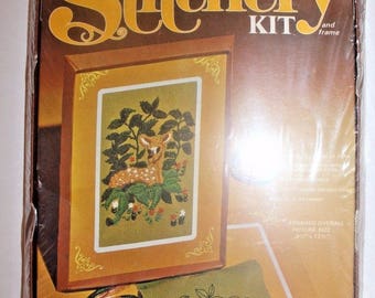 Vintage Stitchery Kit Vintage & Frame Fawn Deer At Rest Embroidery Crewel #496-129 Arrow Needlepoint Complete Sealed 1970's