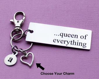 Personalized Queen Key Chain Queen Of Everything Stainless Steel Customized with Your Charm & Initial - K523