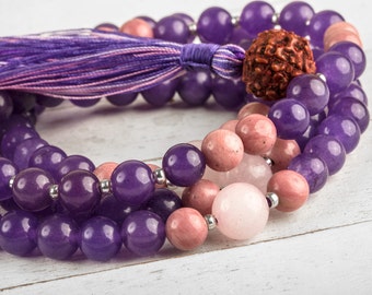 Amethyst Rose Quartz Buddhist Prayer Beads - Mala Beads, Buddhist Rosary, Tibetan Prayer Beads, Healing Gemstones Malas, Yoga Mala Beads
