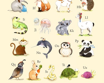 abc wall art, abc poster, abc art, ABC print, abc animals, alphabet print, alphabet art, abc nursery, alphabet poster, Watercolor