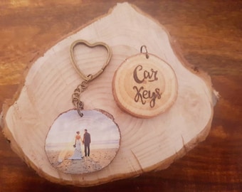 Wedding present, gift for couple, couple keychain, pyrography, log slice, his and hers, wooden keyring, rustic wedding, 5th anniversary gift