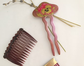 Vintage Hair Comb Lot/1970s Pansy Decorative Hair comb/1950s TILCO hair comb with Brass/1980s Goody Hair Comb
