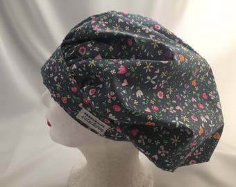 Scrub Hat Bouffant Style Blue Grey with Small Floral Print, Designer Michael Miller's Bitty Blooms