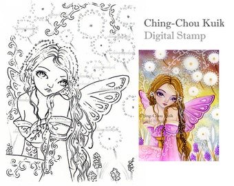 Dandelion Dream - Digital Stamp Instant Download / Kimono Japanese Fairy Art by Ching-Chou Kuik