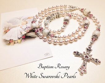 Personalized Baptism Rosary. White Swarovski Pearls. White Rosary. Catholic Rosary. Catholic Gift. Christening Rosary. #R187