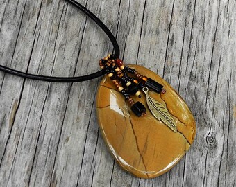 Cabochon Beaded Bale Necklace - Statement Necklace - Landscape Jasper Pendant - Leather Cord - BOHO