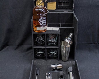 Incognito Portable Barware Travel Case with Padded Liquor Bottle Storage including Choice of Engraved Glassware & Monogrammed Cheese Board