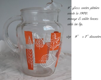 Vintage Water Pitcher- Orange Squares with Leaves