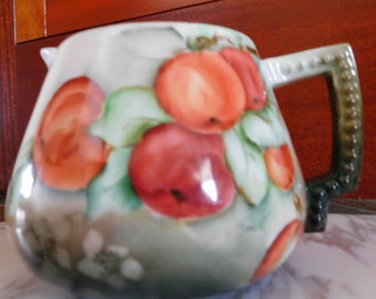 Antique Hand Painted Cider Pitcher from France, Bone China Porcelain, Apple Design, Excellent Condition