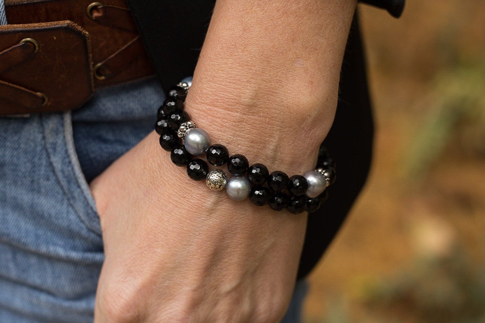 Black Onyx Bracelet Pearl Bracelet Beaded Bracelet Boho