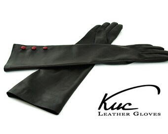 Beautiful long leather gloves, opera leather gloves with three red buttons - soft italian nappa lamb leather