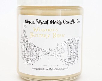 WIZARD'S BUTTERY BREW Candle - 9oz Jar /Universal Inspired Candle Natural Soy Wax- Main Street Melts Candle Co. Butterbeer Harry Potter