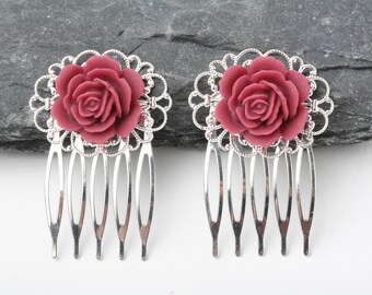 Burgundy red hair combs set, small hair combs, Wine hair clip, bridal hair accessories, Burgundy wedding hair comb, bridesmaid gift