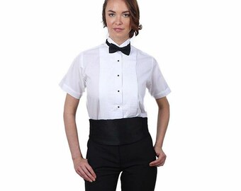Women White Short Sleeve Tuxedo Shirt