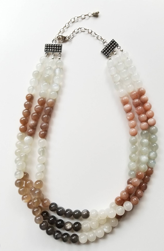 Sunstone Necklace, Beaded Necklace, Multi-Strand Necklace, White Necklace, Statement Necklace