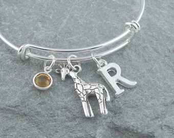 Giraffe bracelet, silver giraffe charm, giraffe jewelry, initial bracelet swarovski birthstone, personalized jewelry, animal jewelry, safari