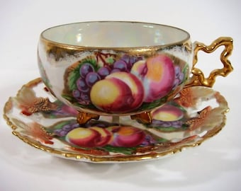 Royal Sealy Tea Cup and Saucer Peaches Grapes Leaves Collectible Tea Cup and Saucer Royal Sealy