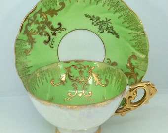 Royal Sealy Iridescent Green and Gold Gilt Cup Saucer 1954-1960 Hand Painted
