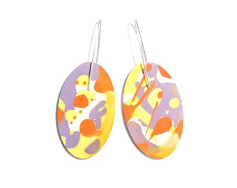 Jackson Pollock Inspired Paint Splattered Purple/Yellow/Orange Earrings