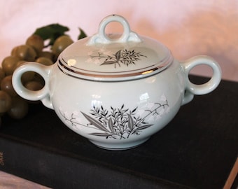 Mid Century Lady Empire Covered Sugar Bowl - Lily of the Valley, Mint Green and Platinum in Excellent Condition