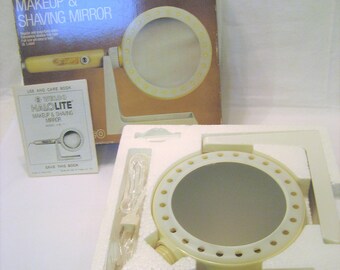 Welco HaloLite Lighted Makeup and Shaving Mirror Vintage 1970s New in Box, Hand Held, Stand or Wall Hung Magnifying Mirror