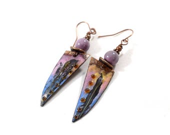 Handmade Incredible Earrings, Enameled Earrings, Antique Copper Earrings, Pink and Blue Earrings, Artisan Earrings, Dotted, OOAK, AE099