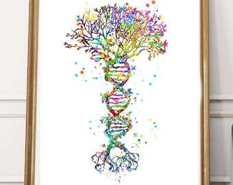 DNA Tree Watercolor Art Print Medical Art Science Art Gift Doctor Home Decor Biology Office Dna double helix DNA trunk poster