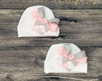 Personalize Baby Girl Hospital Hat, Infant Girl Beanie, Newborn Girl Hat, Monogram Layette Hat with Bow, Infant Bow Hat, Beanie with Bow