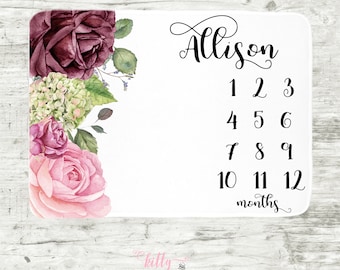 Floral Roses Baby Milestone Blanket, Vintage Roses Baby Milestone Girl, Monthly Baby Blanket, Baby Girl Blanket, Baby Milestone Photo Prop