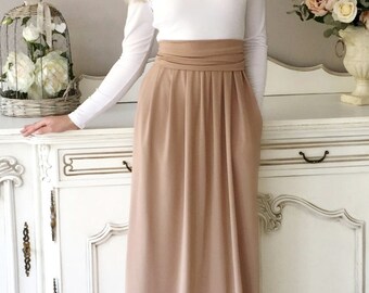 Bridesmaid Party Deep Open Back Long Dress Long Sleeves Pockets Sash White/ Cappuccino
