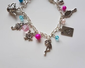 Alice in Wonderland charm bracelet. Handmade, through the looking glass, white rabbit