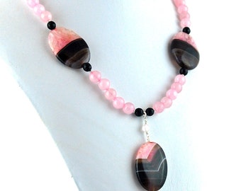 Rose Pink Quartz and Sardonyx Pendant Necklace, Stone Pendant, Stone Necklace, Statement Necklace