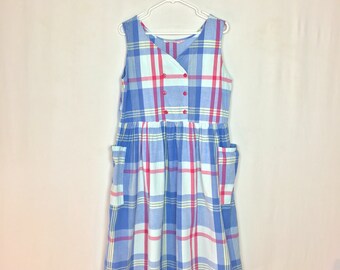 Vintage 1980s Madras Plaid Cotton Sundress / Made by Sita / Full Skirt / Made in India