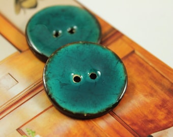 10 Pieces Of Translucent DarkCyan Enamel Buttons With Coconut Base. 1.10 inch